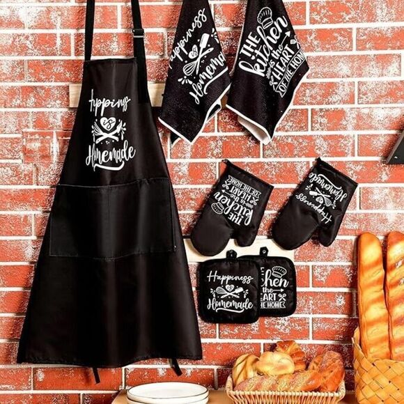 Kitchen Towels Oven Mitts and Pot Holders with Cooking Apron 1 Chef 7pc set gift - Picture 2 of 7